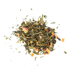 pile of natural green tea mix contains rose petals and cherimoya extract