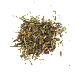 pile of natural green tea mix contains hibiscus, mallow, papaya, strawberries and cornflower