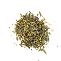pile of natural green tea mix contains hibiscus, pieces of papaya, tutsan, rosehip, orange zest and...