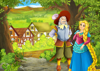 cartoon summer scene with path to the farm village with prince and princess