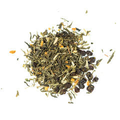 pile of natural whole leaf tea contains currants  zest of green orange, mint, lemon grass and barberry  