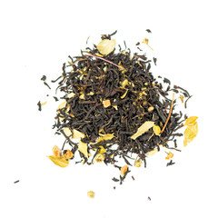 pile of natural black tea mix contains bu-hu leaves, chamomile, lemon peel, candied pineapple pieces