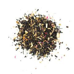 pile of natural whole leaf black tea contains pieces of pineapple, orange zest, lemon balm and thyme leaves, linden, lemongrass, and pink cornflower petals