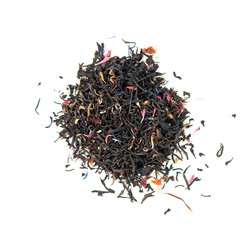 pile of natural whole leaf black tea contains tea bud, red papaya, petals of blue and red cornflower