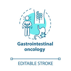 Gastrointestinal oncology concept icon. Enterovirus diagnosis, treatment. Digestive upset. Health care idea thin line illustration. Vector isolated outline RGB color drawing. Editable stroke