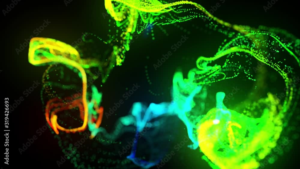 Poster injection of fluorescent multicolor ink in water in 4k. 3d render of glow particles in ink flow. lum