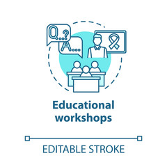 Educational workshops concept icon. Informing society about cancer, HIV. Patient support. Instructional courses idea thin line illustration. Vector isolated outline RGB color drawing. Editable stroke