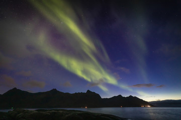 Naklejka na ściany i meble Aurora Borealis in Lofoten and Senja in Norway. Night photography with great sky.