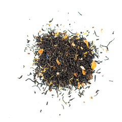 pile of natural black tea with petals of mallow, sunflower, roses and pieces of raisins