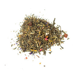 pile of natural green tea with pineapple flakes,, wild rose, slices of sour cherry and rose petals