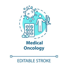 Medical oncology concept icon. Hospital virus therapy. Medication of tumor disease. Cancer treatment idea thin line illustration. Vector isolated outline RGB color drawing. Editable stroke