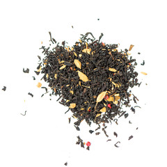 pile of natural black tea with fennel, pepper, cardamom, cloves, ginger, contains anise 