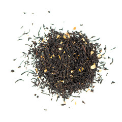 pile of natural whole leaf black tea with segments of lemon zest and hops isolated on white background