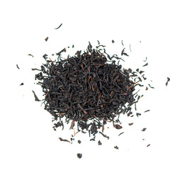 pile of natural whole leaf Sausep black tea isolated on white background