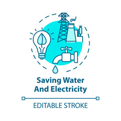 Saving water and electricity concept icon. Responsible resource consumption. Efficient usage. Ecology idea thin line illustration. Vector isolated outline RGB color drawing. Editable stroke