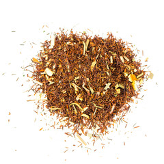pile of natural rooibos tea contains  safflower, lemon grass, mint and orange petals