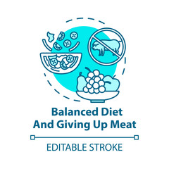 Balanced diet and giving up meat concept icon. No animal food. Nutritious diet. Organic meal. Going vegan idea thin line illustration. Vector isolated outline RGB color drawing. Editable stroke