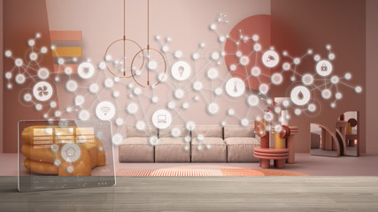 Tablet wireless with smart home app on wooden table, geometric background with connected line and dots showing internet of things system, home automation concept over living room