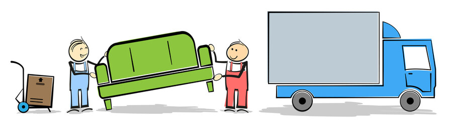 household moving concept with stickman workers transporting furniture and boxes to or from truck vector illustration