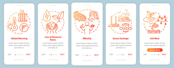 Overconsumption onboarding mobile app page screen with concepts. Global warming, soil wear. Consumerism walkthrough 5 steps graphic instructions. UI vector template with RGB color illustrations