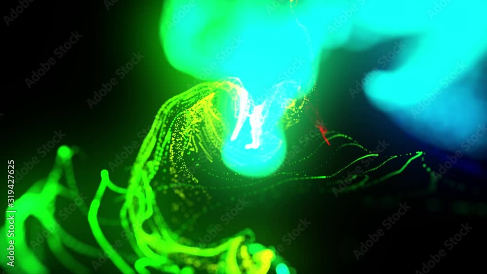 Poster injection of fluorescent multicolor ink in water in 4k. 3d render of glow particles in ink flow. lum