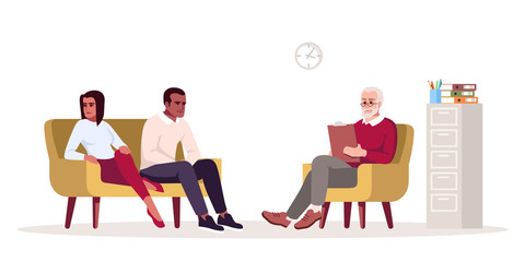 Couple psychotherapy session semi flat RGB color vector illustration. Relationship struggle. Family issues. Marriage problems. Psychology consultation. Isolated cartoon character on white background