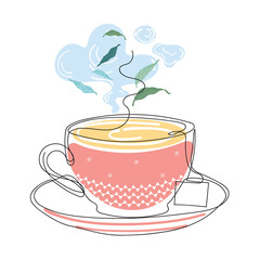 Tea cups and saucer and tea bag. Minimalist style graphics.