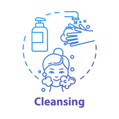 Cleansing, face washing, skin purification concept icon. Cleanser and soap use, hygienic procedure, cosmetology idea thin line illustration. Vector isolated outline RGB color drawing. Editable stroke
