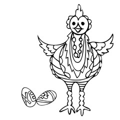 Hand drawn, outline, quick sketch of a chicken with easter eggs, for coloring, design element of greeting cards, sticker cards, isolated on white background, black ink. Stock vector illustration.