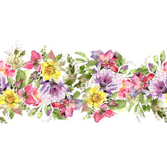 Seamless floral border. Wildflowers pattern. Fabric floral template. Watercolor flowers decor. 