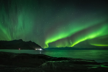 Aurora Borealis in Lofoten and Senja in Norway. Night photography with great sky.