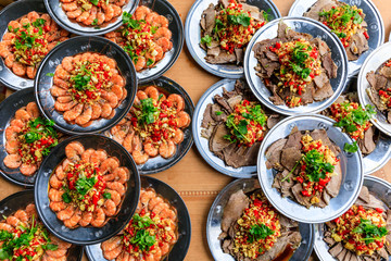 Boiled shrimp and dried beef slices cold dish,Chinese food.top view.