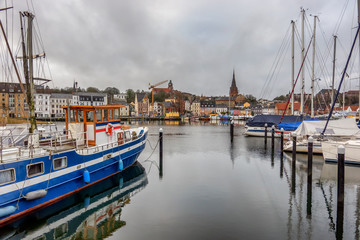 Fototapeta na wymiar Harbour in Flensburg seen from the easterne side, North Germany