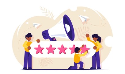 Customer Reviews. People characters giving five star Feedback. Clients choosing satisfaction rating and leaving positive review. Customer service and user experience concept.