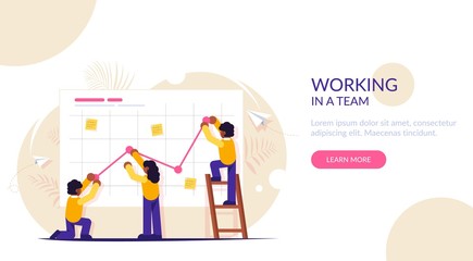 Working in a Team. Teamwork Concept for web design. Business presentation. Aframerican Business people are pushing up their graph upward. Flat modern illustration for web, print, banner.