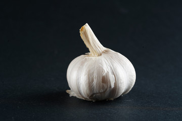 one head of garlic on a black background