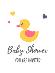 Vertical baby shower invitation with a cute toy duck. It’s a girl.