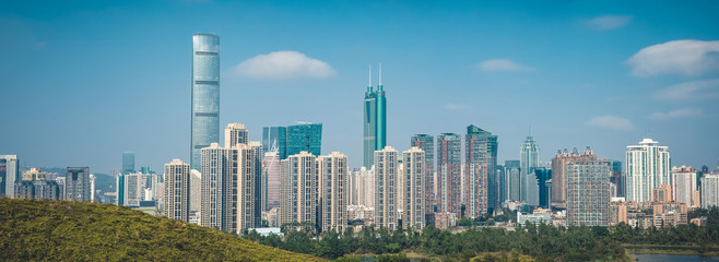 Panorama view of rural green fields in Hong Kong and skylines in Shenzhen,China