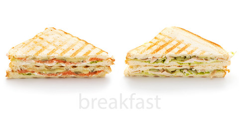 two sandwiches on a white background with the inscription Breakfast gray isolate