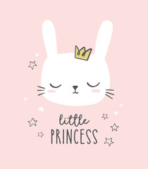 Bunny head vector. Cute hand drawn little princess illustration. Sweet rabbit character with a crown. Design for baby shower, baby girl nursery, cards.