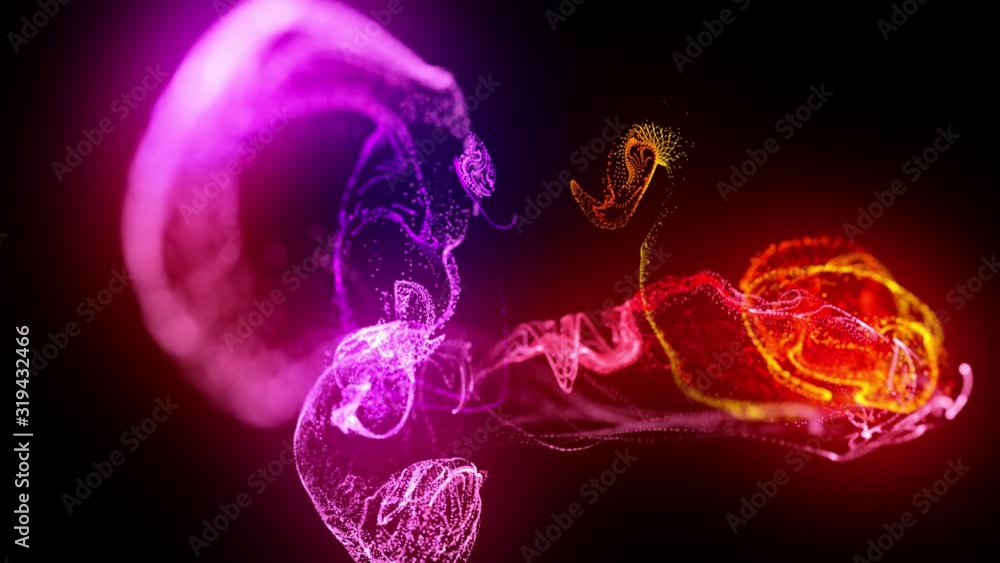Poster injection of fluorescent red violet ink in water in 4k. 3d render of glow particles in ink flow. lum