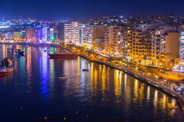 Night scenery of Sliema harbor on Malta.