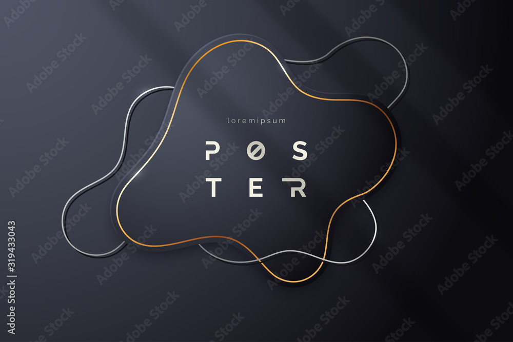 Aufkleber abstract black background with liquid text box and curved silver and gold lines. minimalist poster d