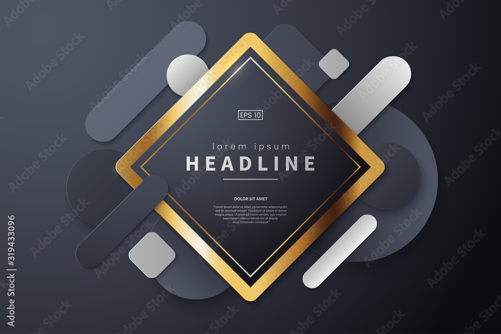 Aufkleber Black background with dynamic geometric shapes and golden frame for text. Abstract banner design in dark colors. Applicable for party invitation, conference invite, web page. Vector illustration.