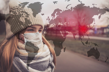 MERS-CoV Chinese infection Corona Virus masked girl on the background of the city in smog, the...