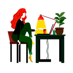 A woman sits on a chair at the table and works at a laptop. Illustration in a flat style.
