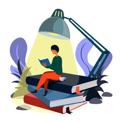 A man reads a book while sitting on piles of books under the light of a lamp. Illustration in isometric style.