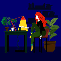 A woman sits on a chair at the table and works at a laptop. Illustration in a flat style.