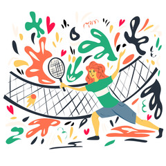 A young girl plays tennis. Abstract patterns. Hand drawing.