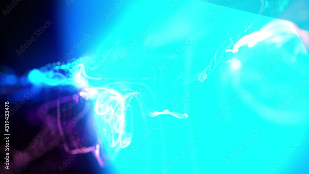 Poster injection of fluorescent ink in water in 4k. 3d render of glow particles in ink flow. interaction of